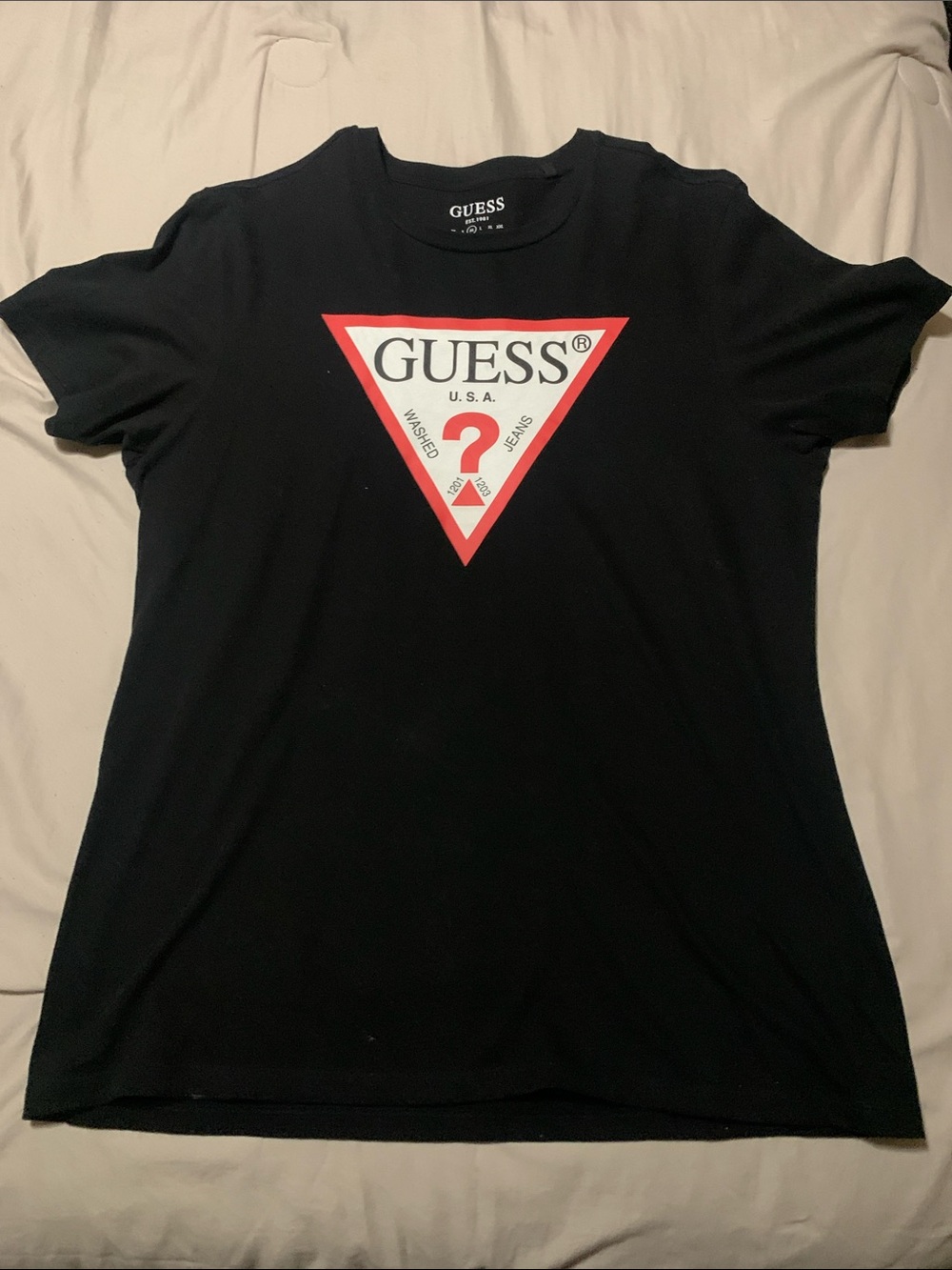 Guess Black Short Sleeve Tee with Red & White Triangle Logo